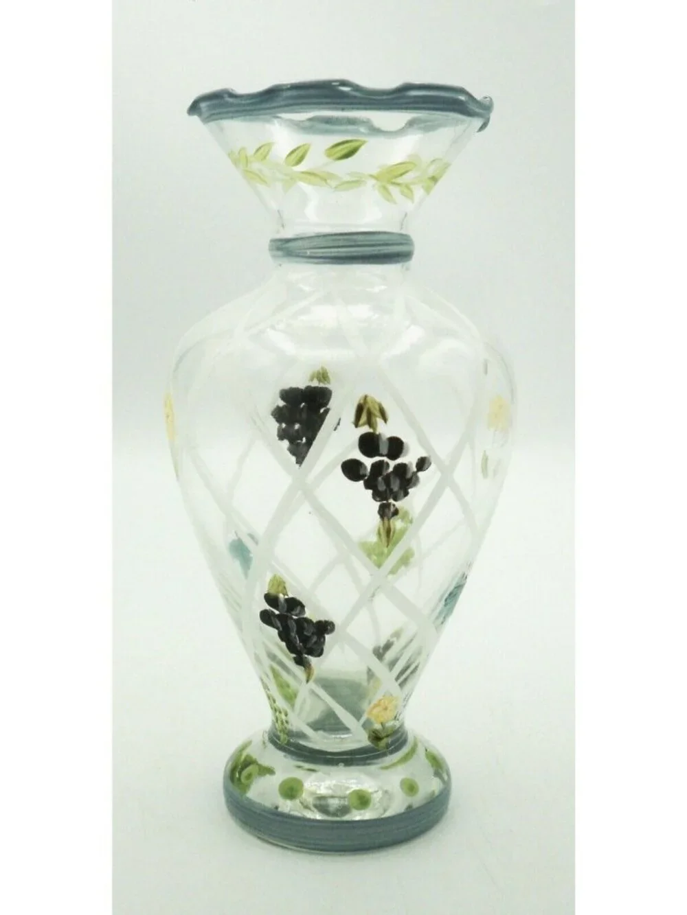 Tracy Porter Lattice Vase Butterfly Grapes Flowers Ruffle Top Hand Painted